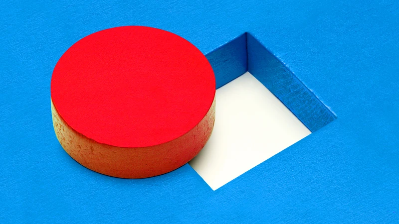 A red circle-shaped block not fitting into a square cut out of a blue block to represent the concept of poor job fit or putting the right person in the wrong role.